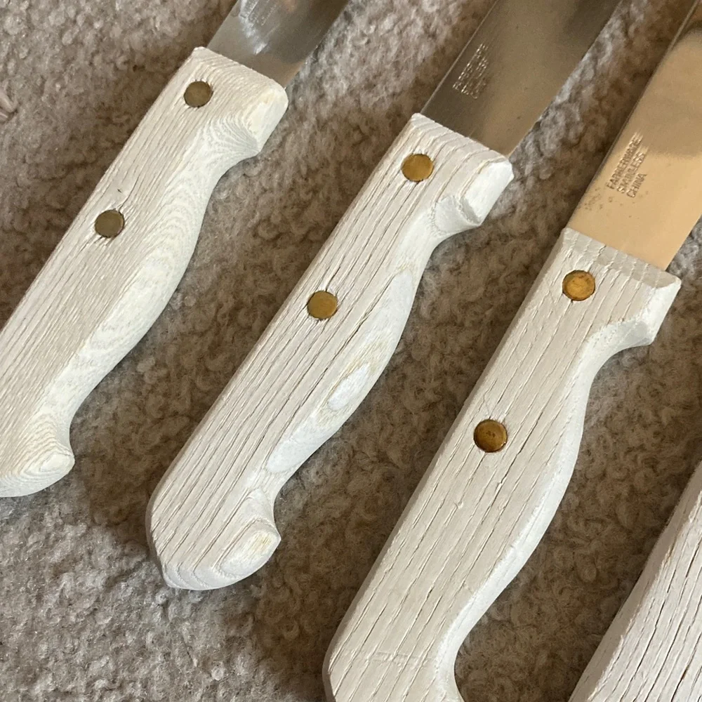 🍽️ Farberware 8 Set Vintage Steak Stainless Steel Knives Blonde Wooden Handle